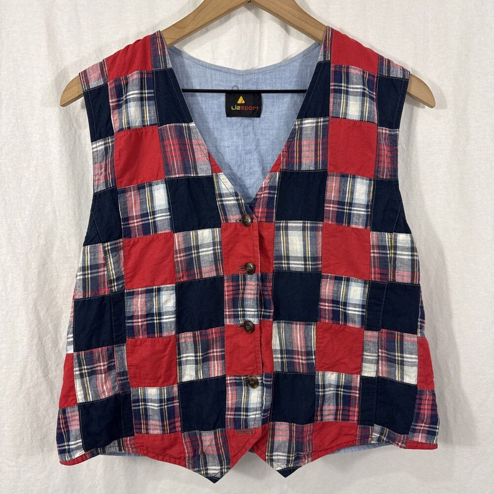 Liz Sport Womens Sz M  Plaid Patchwork Red Blue Reversible Vest Country *READ*